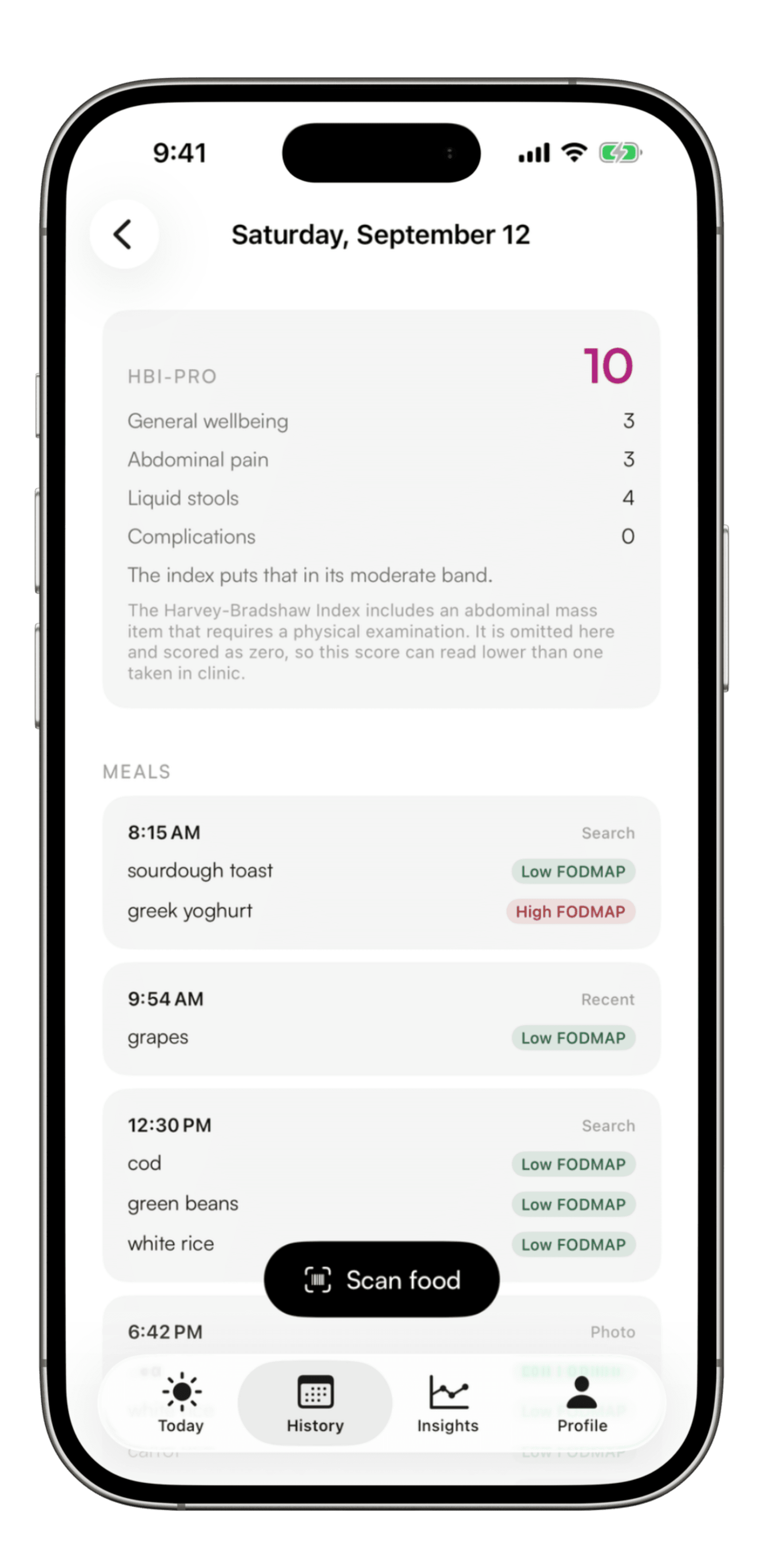 One day in Clairop: the activity score broken into its published items, then every meal logged with its FODMAP verdict