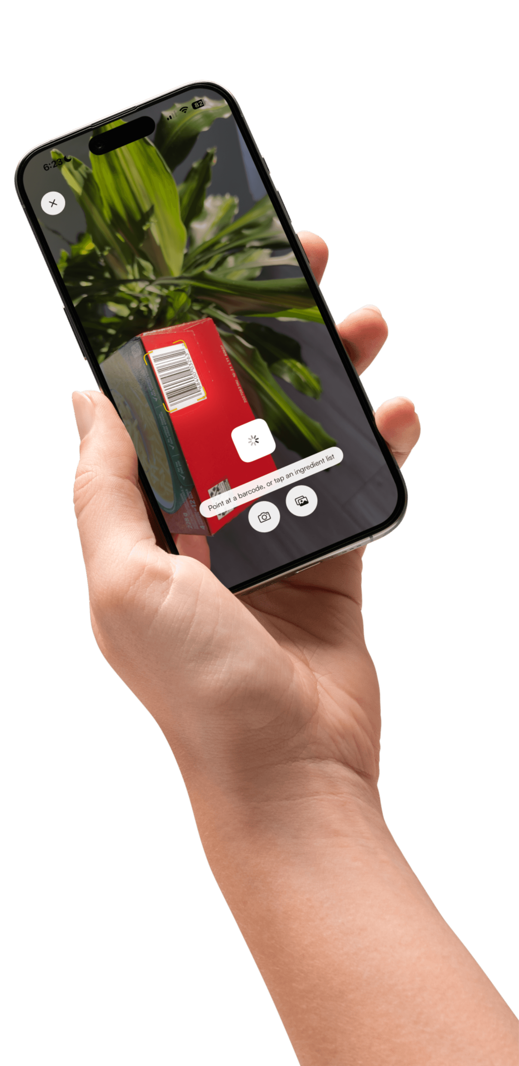 Holding a phone up to the barcode on a soup box, with Clairop reading it